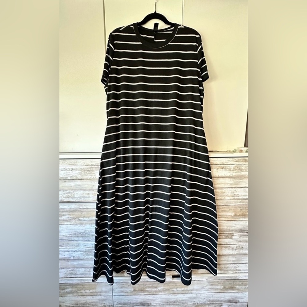 🖤 Emery Rose Black White Striped Midi Dress 1XL Flowy